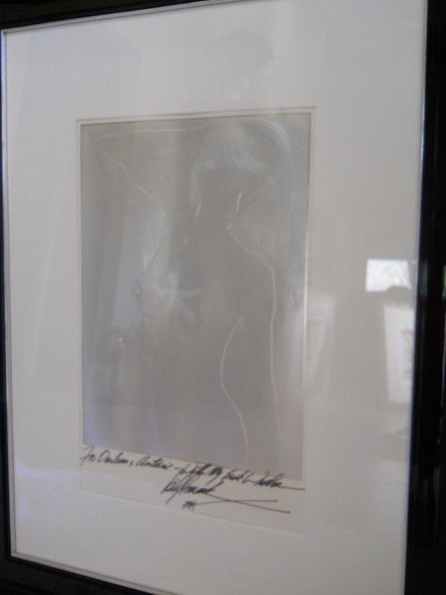 BILL MACK SIGNED NUDE: FROM GENE RODDENBERRY FAMILY ESTATE. SIGNED BY ARTIST BILL MACK APPROX. 36"H X 28.5"W. ARTWORK APPROX. 21"H x 14"W THIS SIGNED NUDE IS DEDICATED TO ANTOINE BACHA AND DARLENE RODDENBERRY ...BY BILL MAC