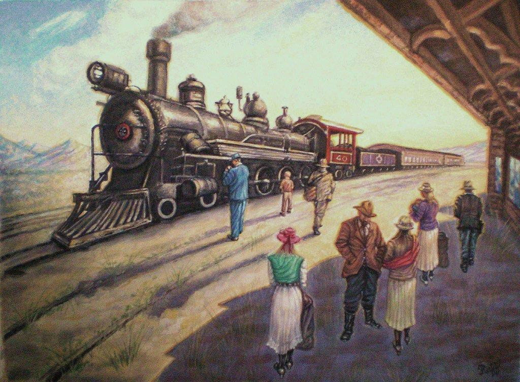 RAFFI JACOBIAN "ELY, NEVADA" WATERCOLOR: 24x30 watercolor, In 1939 and 1940, Raffi Jacobian worked and studied under Diego Rivera at the San Francisco World's Fair. Then attending the California School of Fine Arts. A representational artist