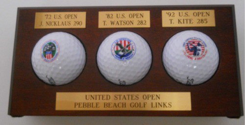 US OPEN PEBBLE BEACH 3 DECADE GOLF BALL AWARD: Golf balls representing 3 decades; '72 J.Nicklaus, '82 T.Watson, '92 T.Kite for the US Open at Pebble Beach