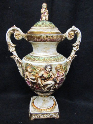 CAPODIMONTE PORCELIAN URN WITH 2 LIDS, NUDES: FROM RENOWN VIOLINIST, SHONY ALEX BRAUN ESTATE, CAPODIMONTE PORCELIAN URN WITH 2 MATCHING LIDS, A RELIEF NUDES DRAPED IN CLOTH ON ONE SIDE, NUDES AND CHERUBS ON OTHER, HAND MARKED "CAPODIMONTE ITALY"
