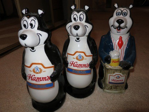 HAMM'S BEER BEAR DECANTER COLLECTORS SET: HAMM'S BEER BEAR DECANTER COLLECTORS SET (3 PC) APPROX 7'' TALL X 3'' DIAMETER