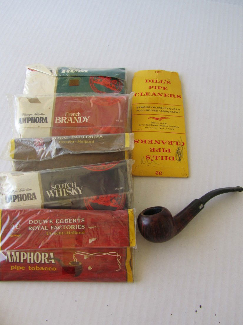 Weber Meerschaum Pipe: Approx. 5" long. Includes SmokeMaster Pipe Cleaners, and a variety of Amphora Tobacco packages: Jamaican Rum, Extra Mild Cavendish (x2), Scottish Whiskey, French Brandy. Joint between stem and bowl is