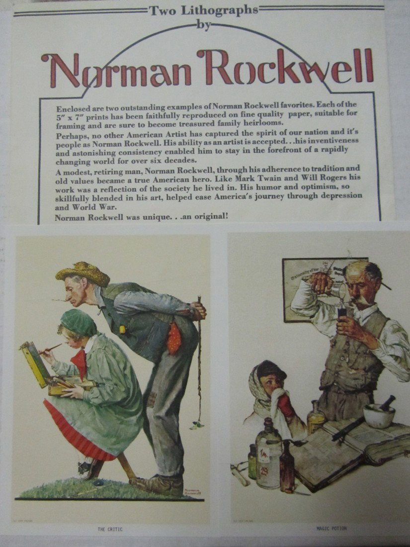 NORMAN ROCKWELL LITHOGRAPHS, SET OF 2: NORMAN ROCKWELL LITHOGRAPHS, SET OF 2. THE PRINTS INCLUDE: "THE CRITIC" AND "MAGIC POTION." EACH PRINT IS APPROX 5" X 7"