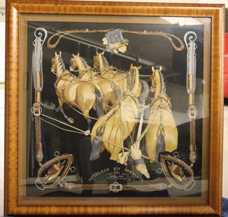 Hermes Paris Attelace En Arbalete Framed Silk Scarf: Hermes Paris Attelace En Arbalete Silk Scarf Features 5 Horses from a Carriage Drivers Perspective on a black background. The silk scarf is professionally framed in a beautiful honey wood frame. 