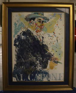 Leroy Neiman "Al Capone" Signed/Numbered 3/300: LeRoy Neiman (American 1921 - 2012) limited edition lithograph depicting "Al Capone". Pencil signed to lower right and numbered 3/300 to lower left. Mounted in a Gold tone metalframe. Ships from Newpo