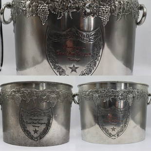 Moet Chandon Dom Perignon France Double Magnum Champagne Cooler 1970s (3 Piece Lot): 3 Dom Perignon Buckets which read Moet et Chandon a Epernay. Fondee En 1743. Champagne Cuvee Dom Perignon Vintage Approx 12x16 Stamped Etain Made in France. Ships from Newport Beach. V.