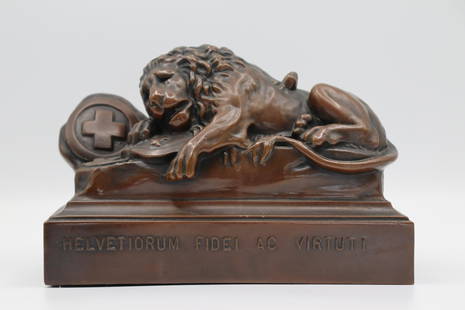 Lion Monument of Lucerne Switzerland Bronze Jennings Bookends - 2 Pieces: Pair of Antique Lion Monument of Lucerne Switzerland Bronze Jennings Bookends. The bookend reads "Helvetiorum Fidei ac Virtutt. Ships from Newport Beach. V.