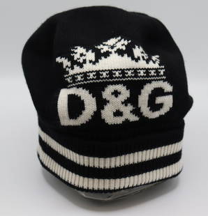 Dolce & Gabbana Women's Black Cashmere Crown Knit hat: Dolve & Gabbana Black Cashmere knit hat. Black knit hat with White crown, D&G logo, and Stripes embellishment. Made in Italy. Ships from Newport Beach. V.