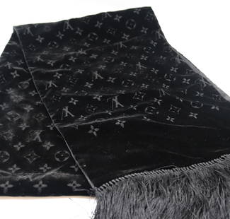 Louis Vuitton Black Velvet Monogram Scarf: Monogram Louis Vuitton Velvet Scarf with black fringe. The approx size of the scarf is 5 feet long by 10 inches wide. Ships from Newport Beach. V.