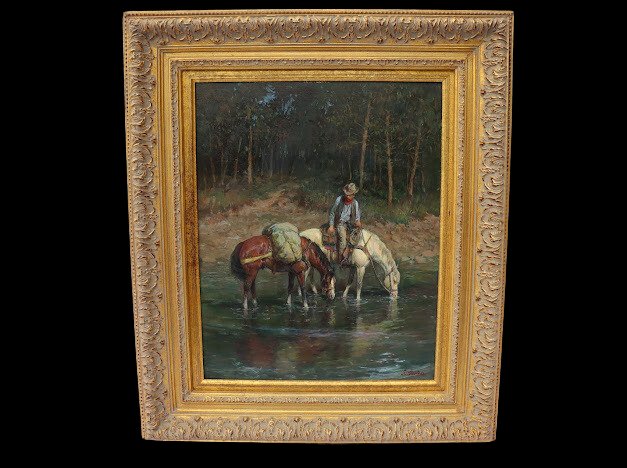 Markos, L. "Cowboy with Pack" - Oil on Board: Markos, L. "Cowboy with Pack" - Oil on Board. Size 16" x 20". About the Artist. Born: 1917 - Marosvasarhecy, Hungary. Died: 1993 - Houston, TXKnown for: Western genre, portrait, landscape Lajos Markos