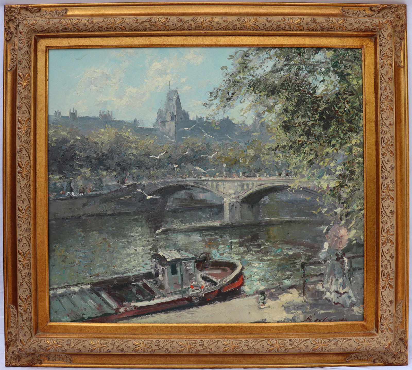 Hans Becker "The Seine" - Oil on Canvas: Becker "The Seine" - Oil on Canvas 27"x 31". Hans Becker was a German postwar and contemporary painter, born in 1930, died 2013. Known for his impressionist style of paintings.