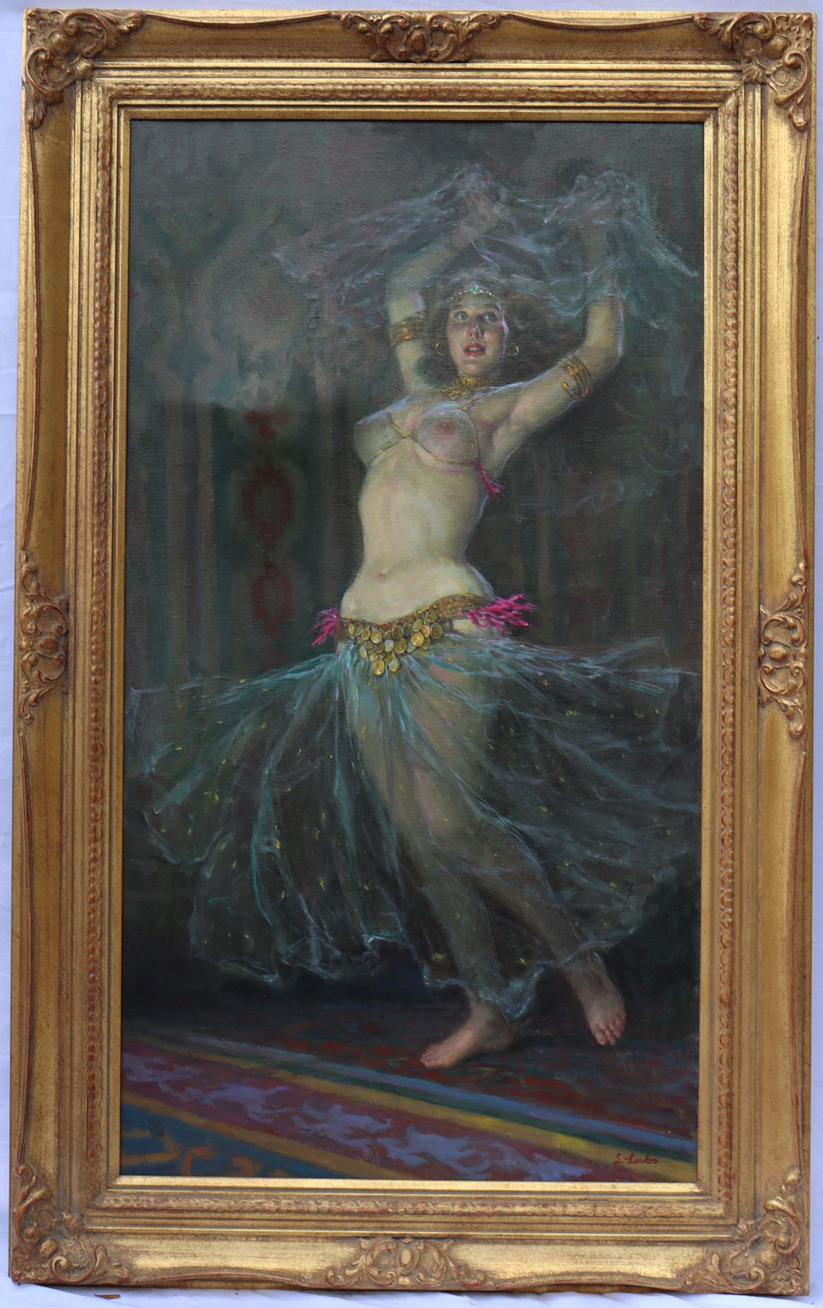 Markos, L "Dance of the Vail" - Oil on Canvas: Markos, L "Dance of the Vail" - Oil on Canvas 40" x 22"About the Artist. Lajos Markos (1917 - 1993) was active/lived in Texas. Lajos Markos is known for Western genre, portrait, landscape.A European,