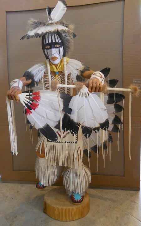 109 XLARGE KACHINA SIGNED CHEE JIM,40 INCHES TALL: LARGE KACHINA SIGNED CHEE JIM APPROX 40"H X 23"WIDE MEASURING FEATHERS IN BACK, BASE 8" X 9"