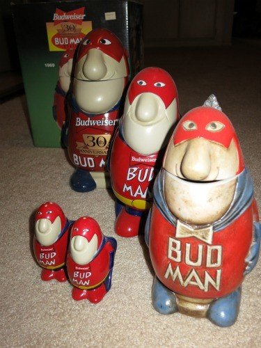 BUDWEISER "BUD MAN" 30TH ANNIVERSARY,LOT: BUDWEISER "BUD MAN" 30TH ANNIVERSARY LOT EACH DECANTER , APPROX 6'' TALL X 4'' DIAMETER