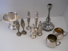 MIXED STERLING/SILVER PLATED LOT: SALT N PEPPER SHAKERS X 3,2 CUPS, BOWL,ANTIQUE CANDLESTICK