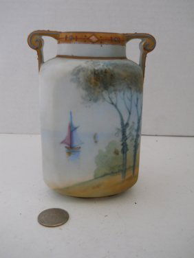 ANTIQUE NIPPON HANDPAINTED VASE SIGNED: 2 HANDLED ANTIQUE NIPPON VASE,SAIL BOAT SCENE APPROX 6 INCHES BY 3 INCHES