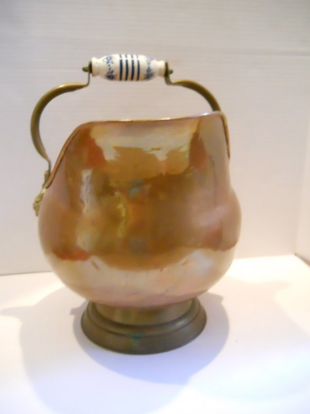 133 ANTIQUE COPPER POT,PORCELAIN /BRASS HANDLE,4 PC LO Lot 133