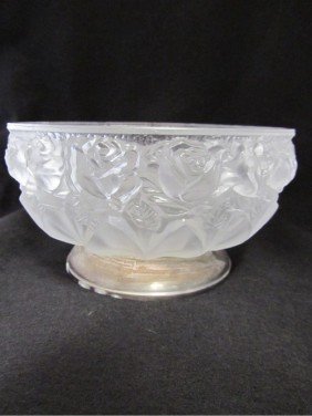 LALIQUE STYLE CRYSTAL FROSTED,ROSE DESIGN: This crystal frosted glass 2 pc set of bowl with metal base and vase, is Lalique style in very good condition with no chips/cracks. The bowl is approx. 9"Dia x 5 1/2" base x 5"H. The vase is approx. 1