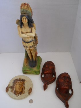 NATIVE AMERICAN CHALKWARE COLLECTION 4PC: CHALKWARE COLLECTION NATIVE AMERICAN INDIAN CHEIF STANDING ,APPROX 24 INCH 3 WALL HANGINGS ,SIGNED BLAKE. PEMMICAN MAN AND WOMAN OF THE BLACKFOOT