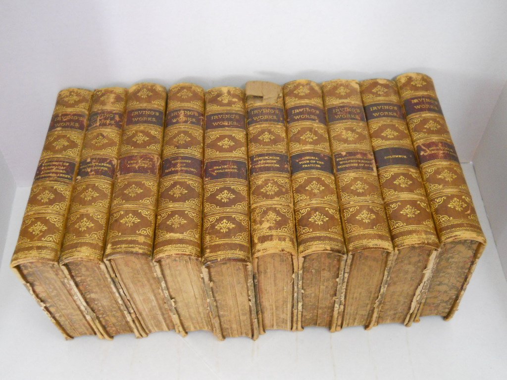 ANTIQUE LEATHER BOUND BOOKS 10 ,IRVING'S WORKS: RARE ,LOT OF 10 LEATHER BOUND BOOKS IRVING'S WORKS,