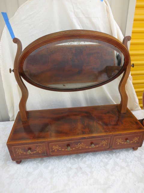49 Antique Vanity Mirror Inlay Wood Carved 3 Drawers