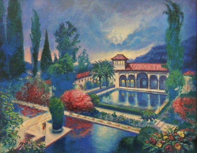 RAFFI JACOBIAN "THE ALHAMBRA" OIL PAINTING: (Spain) 16x20 Oil painting, In 1939 and 1940, Raffi Jacobian worked and studied under Diego Rivera at the San Francisco World's Fair. Then attending the California School of Fine Arts. A representatio