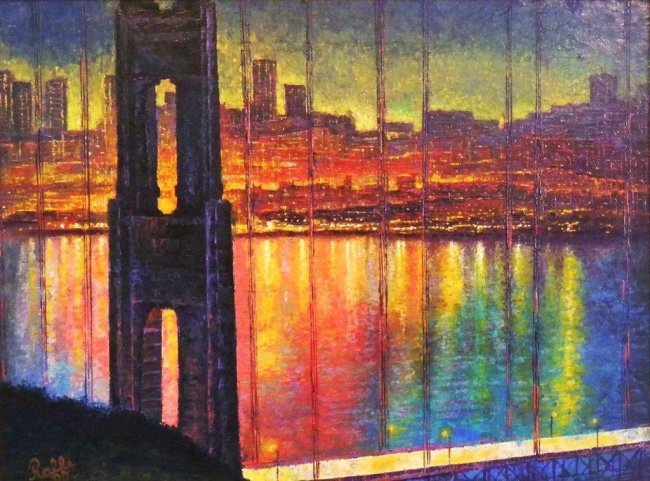 RAFFI JACOBIAN "THE GOLDEN GATE BRIDGE" OIL PAINTI: 18x24 Oil painting, In 1939 and 1940, Raffi Jacobian worked and studied under Diego Rivera at the San Francisco World's Fair. Then attending the California School of Fine Arts. A representational arti