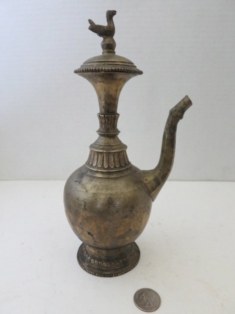 BRASS WINE POT ,POURING POT,EGYPTIAN,SAUDI: LARGE WINE POT WITH BIRD ON LID. EGYPTIAN OR ARABIAN POURING POT BRASS