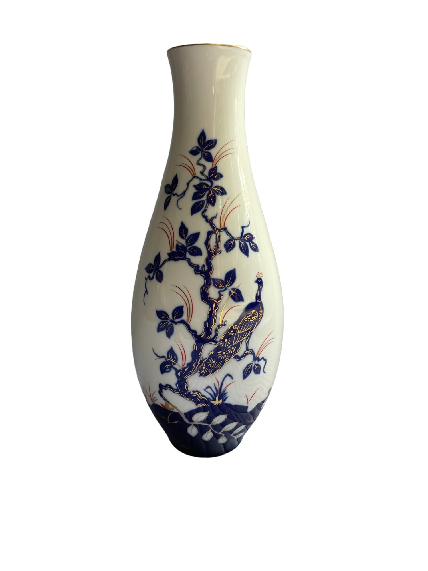 Asian Porcelain Blue Gold and White Vase Signed Rosenthal: Asian Porcelain Blue Gold and White Vase Signed Rosenthal. Depicting a Peacock and oriental branches. Unlike European porcelain, which began with soft-paste porcelain, Asian porcelain began with hard