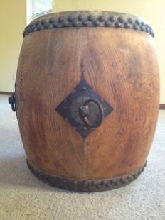 JAPANESE DRUM 19" TAIKO DRUM ,EARLY 1900s: JAPANESE TAIKO DRUM ,EARLY 1900s,HAND CARVED 1 PIECE OF WOOD...BRASS