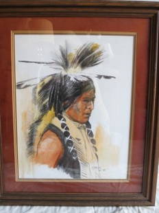 NATIVE ARTIST PAT MCALLISTER,SIGNED, WARRIOR: SIGNED PAT MCALLISTER, THE ARTIST IS A NATIVE AMERICAN ARTIST INSPIRED BY THE NATIVE AMERICAN CULTURE. SHE SETS TO CAPTURE THE TRUE NATIVE AMERICAN CULTURE AND HISTORY AS IT WAS IN LIFE. NATIVE