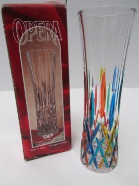 DUE ZETA,OPERA,ITALIAN CRYSTAL VASE,MULTI COLORED: DUE ZETA HAND PAINTED ITALIAN CRYSTAL VASE, IN ORIGINAL BOX. OPERA DESIGN, FROM THE PROVENANCE OF GENE RODDENBERRY, CREATOR OF STAR TREK, AND DAUGHTER'S ESTATES. APPROX. 7.5 INCHES HIGH X 2.5 INCHES W