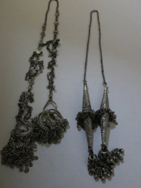 VINTAGE JEWELRY,METAL TASSEL NECKLACES 2pc: METAL TASSELS,ANTIQUED METAL