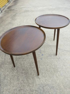 VINTAGE DANISH TEAK LAMP TABLES,1950s,DEMARK SELIG: PAIR OF DENMARK TEAK LAMP TABLES,MID CENTURY MODERN, ROUND APPROX 20 INCHES LEGS SCREW IN .. SELIG JUHL/WEGNER SOLID TEAK