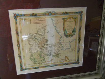 ANTIQUE MAP 'LE DANEMARK '1766: LE DANEMARK 1766 DIVISE PAR PROVINCES,ET DIOCEFES SOUS UNE METROPLE, DIMENSIONS FRAMED 24 X 20 MAP 13 X 12