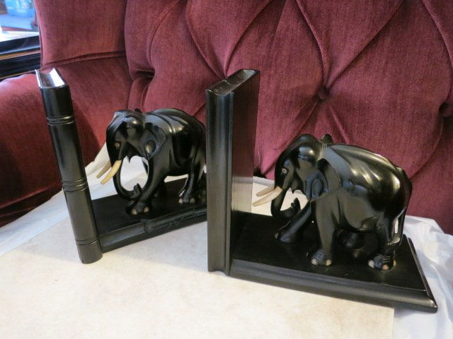 PAIR OF EBONY WOOD ELEPHANT BOOKENDS: ELEPHANT BOOK ENDS ,EBONY WOOD CARVED BOOKENDS, 6 X 7 EACH