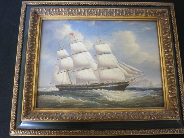 ANTIQUE OIL SAILING SHIP SIGNED WALTON 1876: SAILING SHIP AT SEA ANTIQUE OIL PAINTING ,SIGNED WALTON 1876 TALL SHIP PAINTING DIMENSIONS 22 X 18 FRAMED PAINTING DIMENSIONS 15 X 11