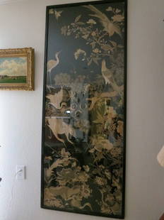 ORIENTAL CHINESE EMBROIDERED SCREEN SCROLL: HAND STITCHED SCROLL/SCREEN CRANES DIMENSIONS 78 X 31 inches..