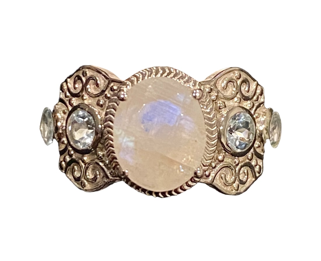 Rainbow Moonstone Oval With 0.71ctw Glacier Topaz Rhodium Over Sterling Silver Ring - Size 8, (1 of 3)