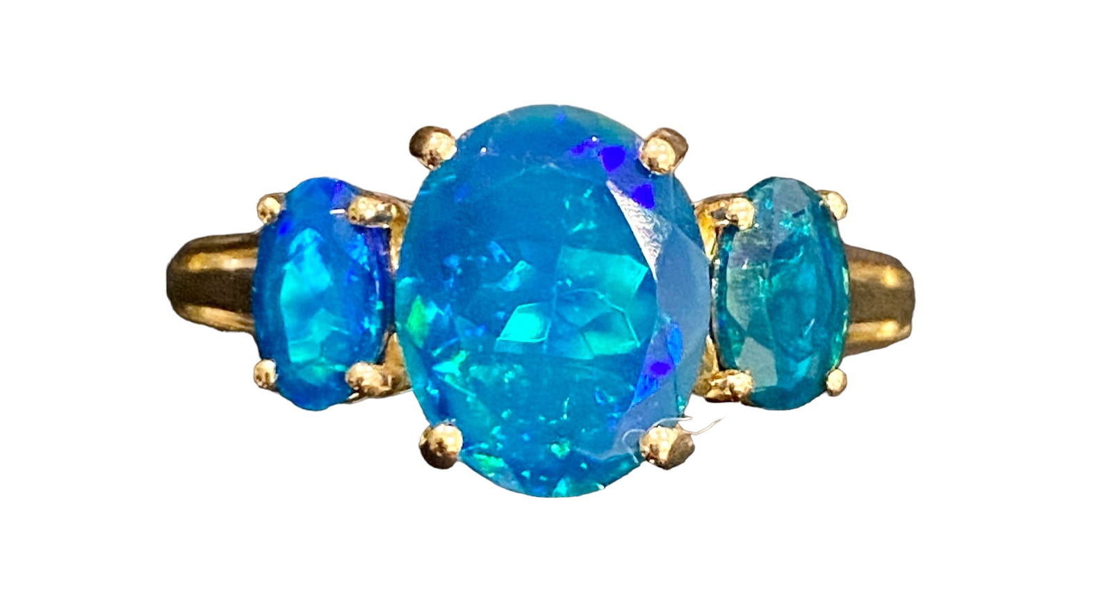 10K Yellow Gold 3-Stone Engagement Ring Oval Cabochon Blue Simulated Opal. Size 8. Stamped SGL 10K. (1 of 3)