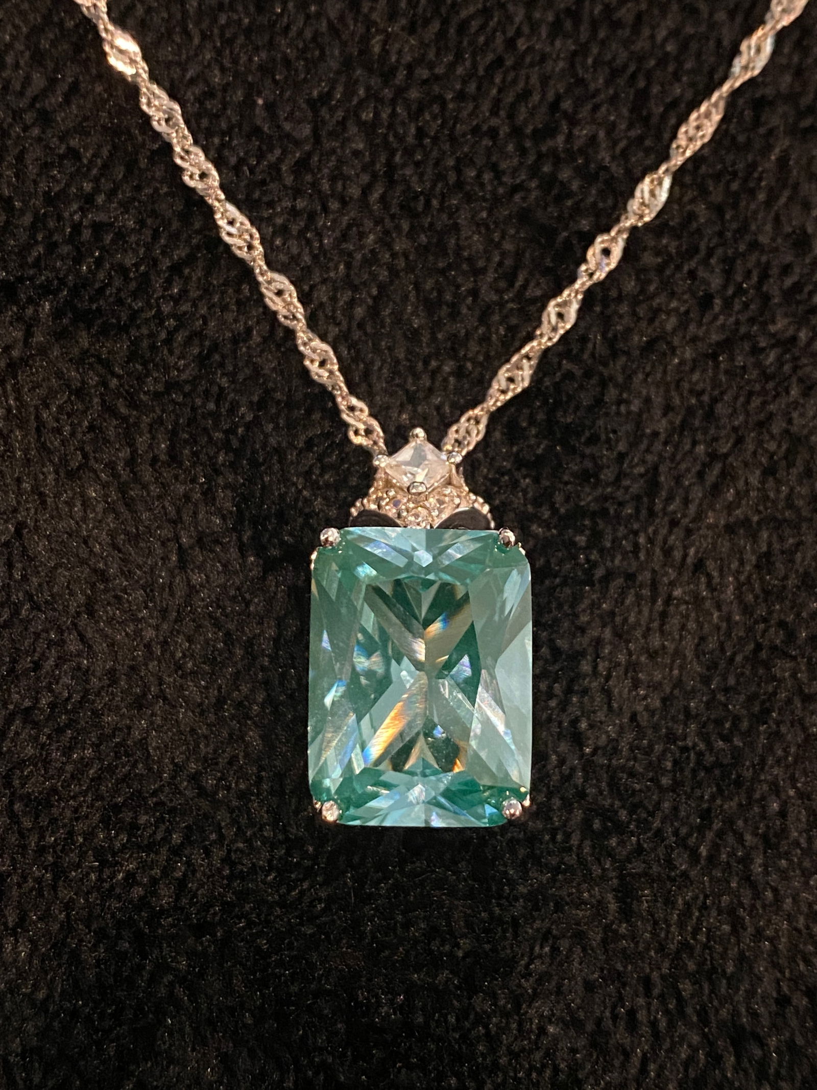 Green Spinel And White Diamond Simulant Rhodium Over Silver Pendant With Chain (1 of 3)