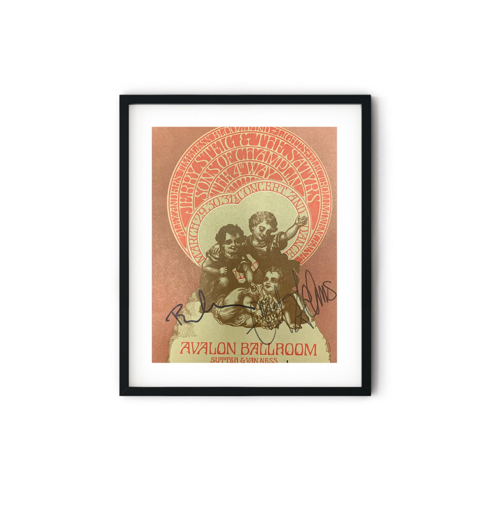 Avalon Ballroom signed concert flyer: Avalon Ballroom signed concert flyer autographed by promoter Chet Helms, artist Robert Schnepf and others. Chester Leo "Chet" Helms, often called the father of San Francisco's 1967 "Summer of Love," w