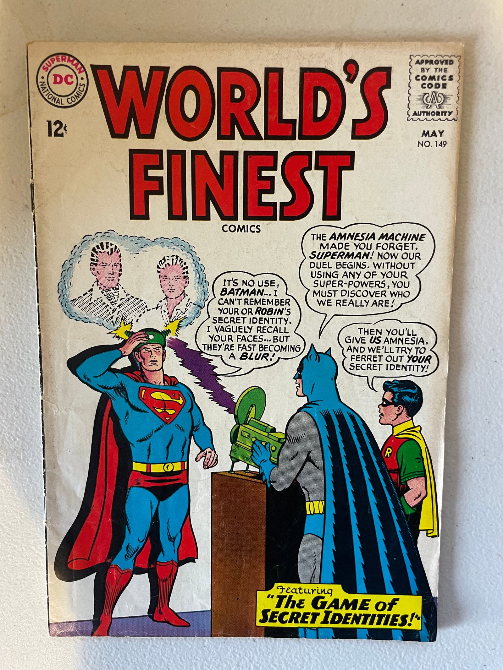 World’s Finest Comics 149. Part I-The Game of Secret Identities starring Superman and Batman: World’s Finest Comics 149. Cover pencils by Curt Swan, inks by George Klein. Part I-The Game of Secret Identities starring Superman and Batman, script by Edmond Hamilton, pencils by Curt Swan, inks 