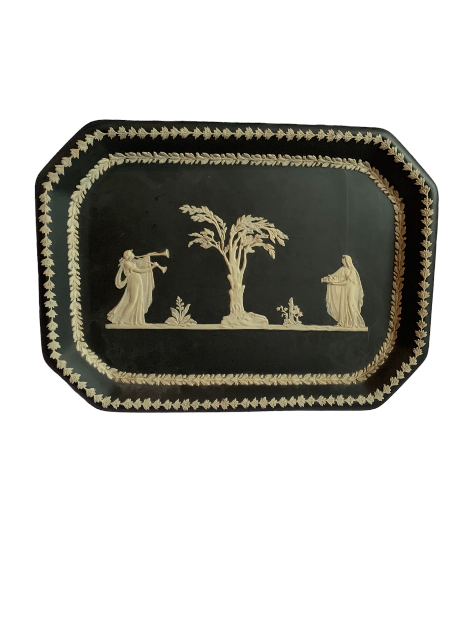Wedgwood Black Basalt Jasperware Platter: Wedgwood Black Basalt Jasperware Platter. Size: 11 in length, 5 in width. SHIPS FROM NEW ENGLAND.