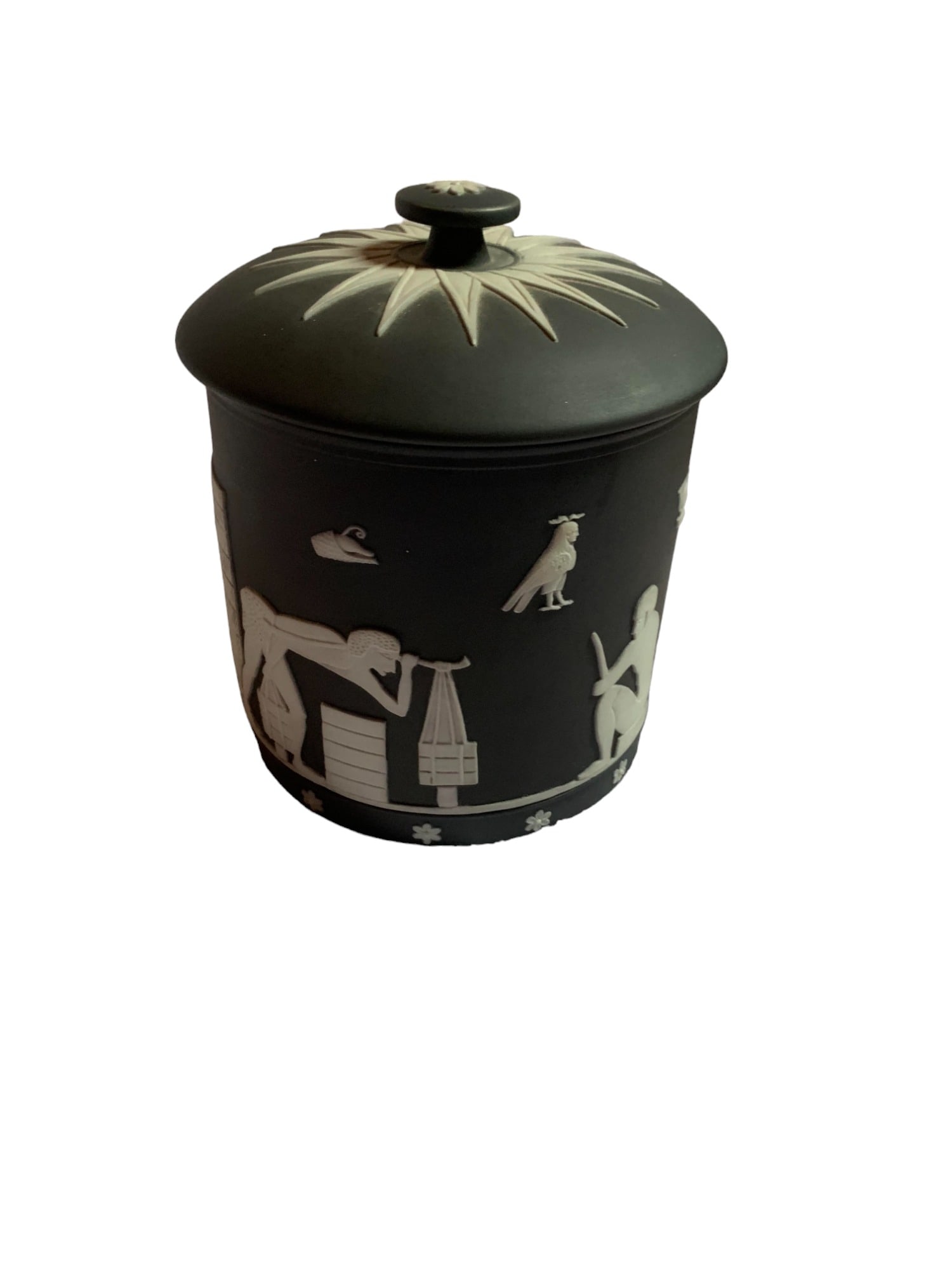 Wedgwood Black Basalt Jasperware Tobacco Jar: Wedgwood Black Basalt Jasperware Tobacco Jar. Size: 4 in height, 3 in diameter. SHIPS FROM NEW ENGLAND.