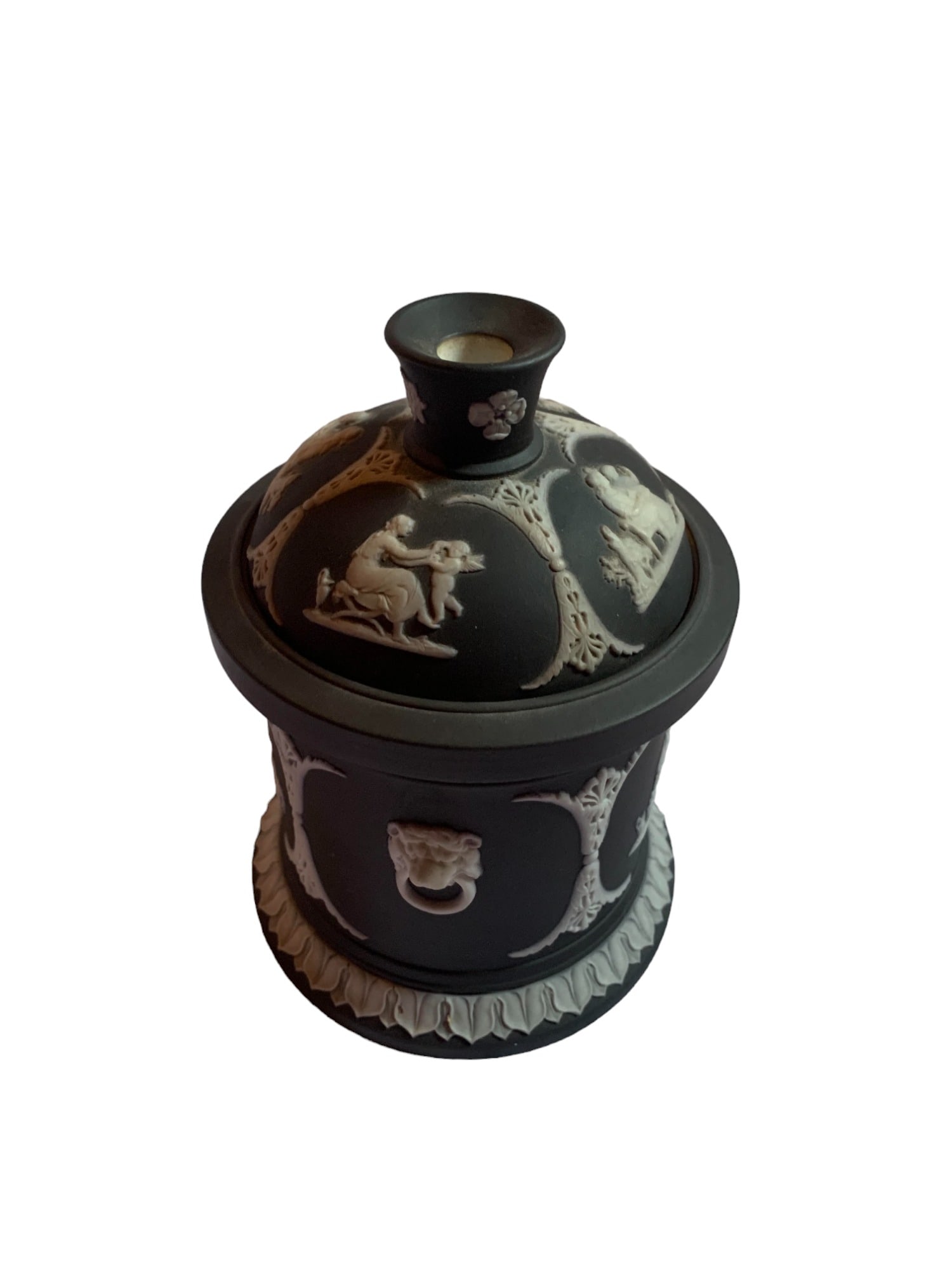 Wedgwood Black Basalt Jasperware Ram Head Tobacco Jar: Wedgwood Black Basalt Jasperware Ram Head Tobacco Jar. Size: 5 in height, 3 in diameter. SHIPS FROM NEW ENGLAND.