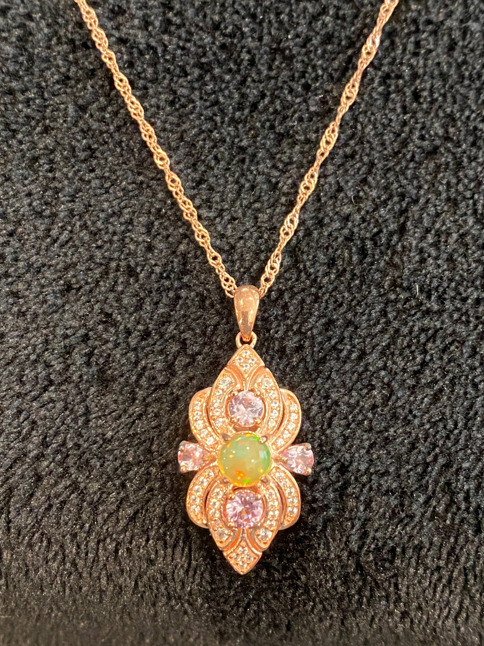Multicolor Opal Rose Gold Tone Over Silver Pendant Chain 1.84ctw: Multicolor Opal Rose Gold Tone Over Silver Pendant Chain 1.84ctw. 0.46ct Round Cabochon Ethiopian Opal, 0.58ctw Round And 0.36ctw Pear Shaped Color Shift Garnet And 0.44ctw Round White Zircon Rose Gol
