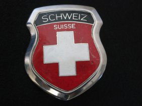VINTAGE SUISSE CAR EMBLEM FROM SWITZERLAND: VINTAGE SUISSE CAR EMBLEM BADGE FROM SWITZERLAND 3'' X 3''