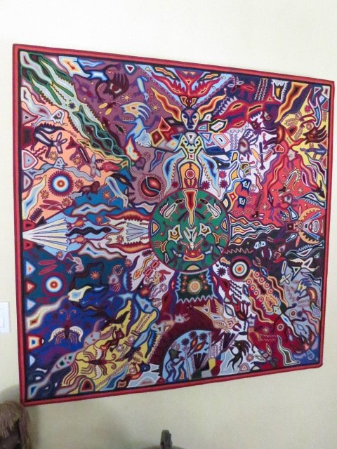 COLLECTION LOUIS GOSSETT JR,HUICHOL YARN PAINTING: Yarn Paintings from the Huichol Indians of Mexico Cauyumarie Offers his Life which is the Peyote which Gives Vision and Energy Huichol yarn painting by Jose Benitez Sanchez,Nayarit, Mexico APPROX.48 I