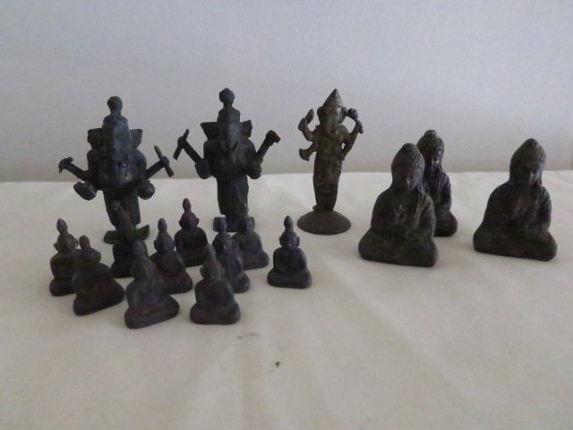 100yr OLD 16PC MINI IRON BUDDHA FIGURES: 100YR OLD 16PC MINI IRON BUDDHA FIGURES FOUND DURING EXCAVATION BY TEMPLE THOUGHT TO BE BURIED BY BUDDHIST MONKS. THREE ELEPHANT GOD OF WEALTH APPROX.3 INCHES HIGH X 2 INCHES WIDE TWO SUKOTHAI PERIOD 
